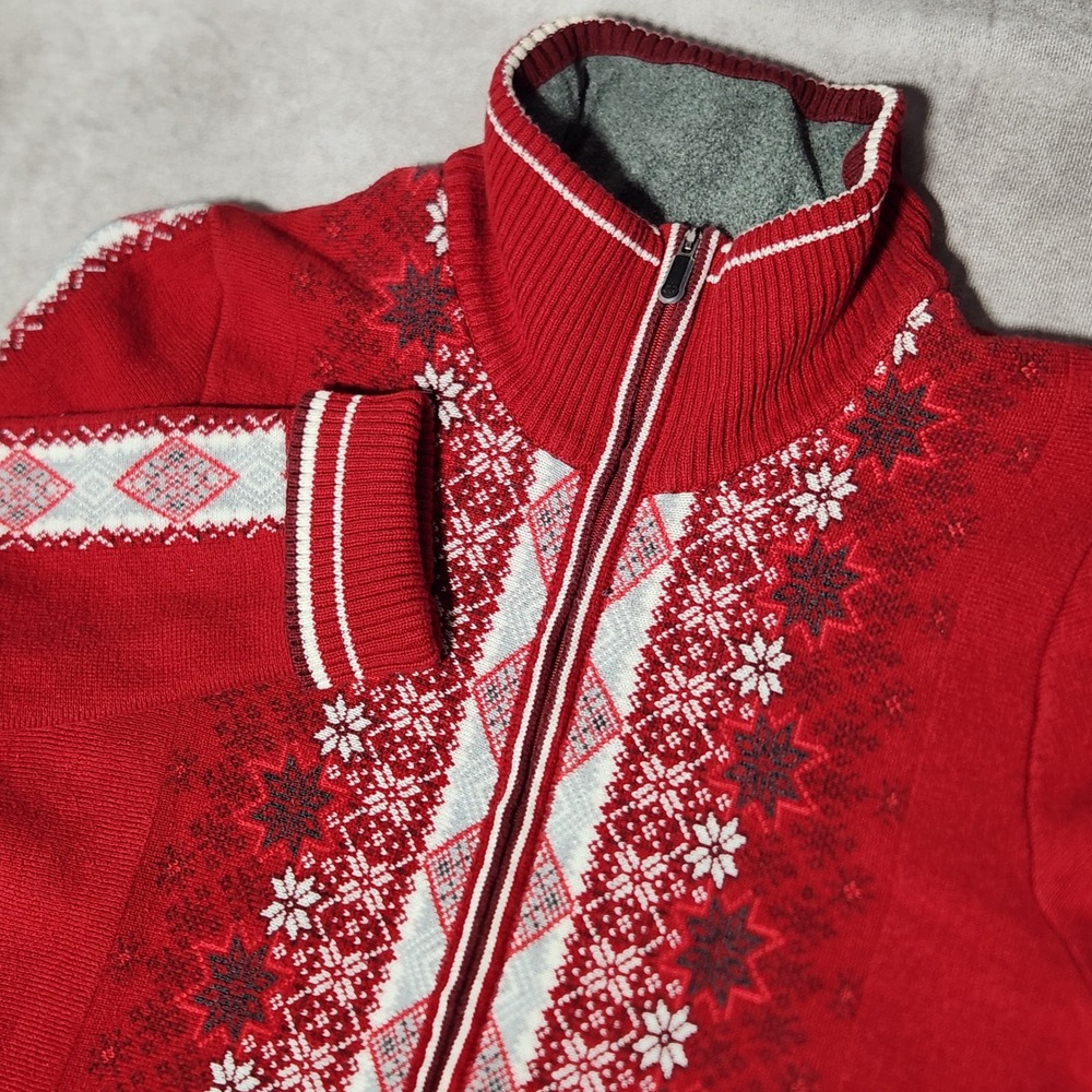 Eddie Bauer Womens Red Fair Isle Full Zip Cotton Cardigan Sweater Snowflake M